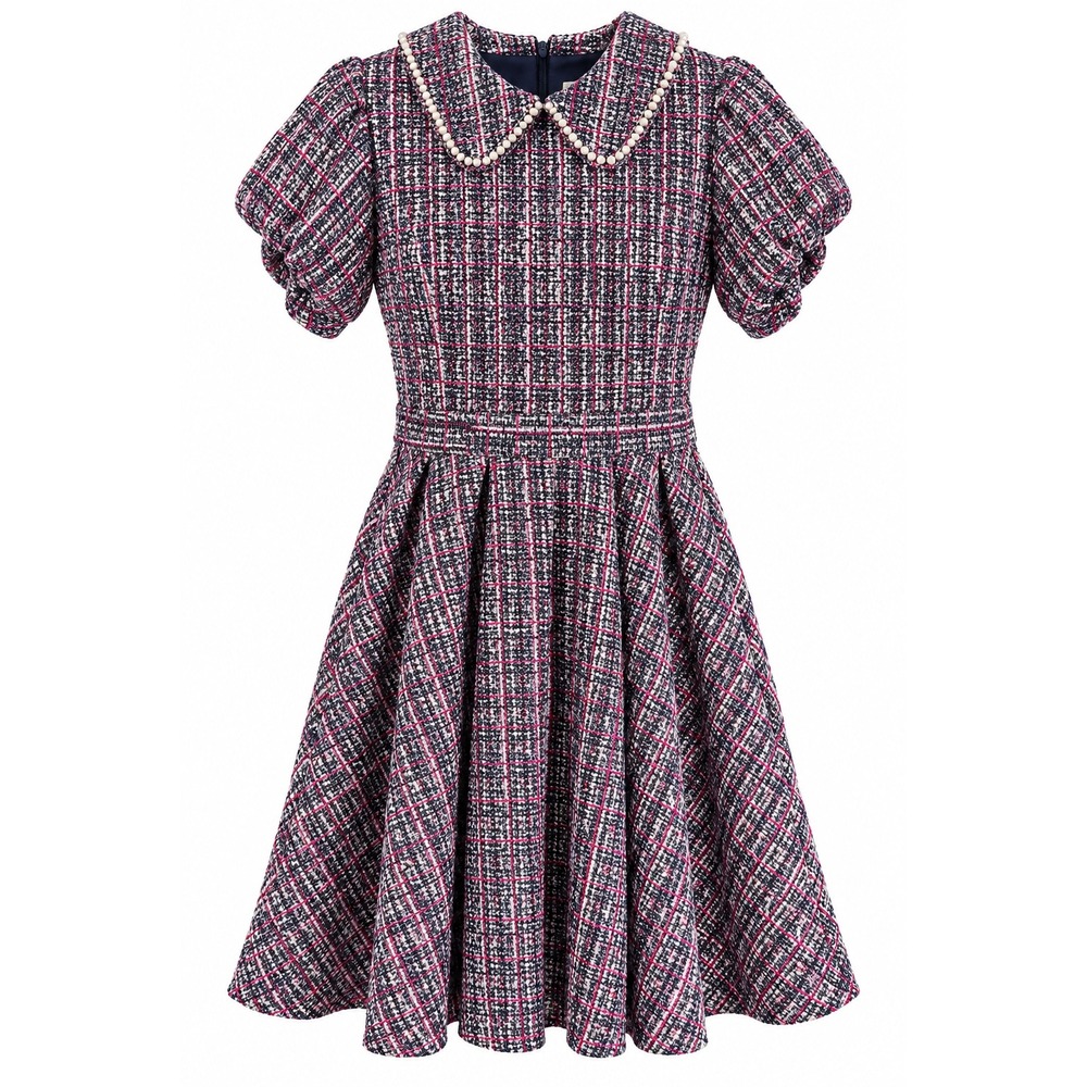 NWT Ivy City Co Celine Dress Medium Navy Plaid Tweed Pearl Collar Pockets